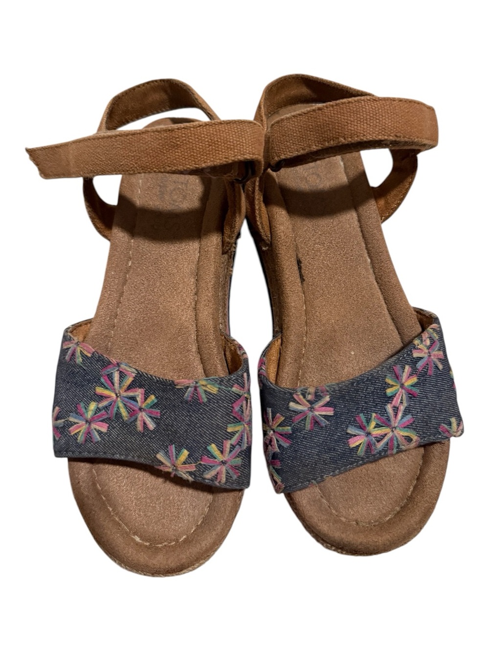 Toms Girls Brown Sandals with Denim Floral Embroidered Straps